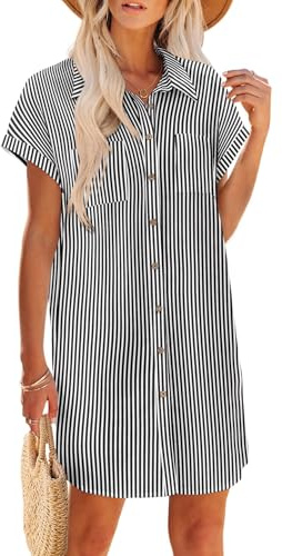 Zeagoo Summer Dresses for Women 2026 Casual Swing V-Neck Mini Sundress Short Sleeve T Shirt Dress Loose Fit Beach Cover Ups Black+White Stripe L