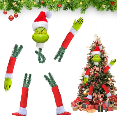 Weihnachtsbaum Deko für Weihnachtsbäume Über 1.5m, Weihnachtsdeko Elf Rattan Abnehmbarer Elfenkopf, Arme und Beine mit Weihnachtlicher Rattan (Groß)