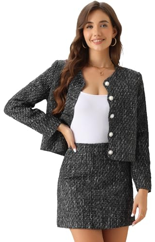 Allegra K Conjunto de Blazer de Tweed para Mujer, Elegante Traje de Trabajo de 2 Piezas con Falda y Blazer Negro S