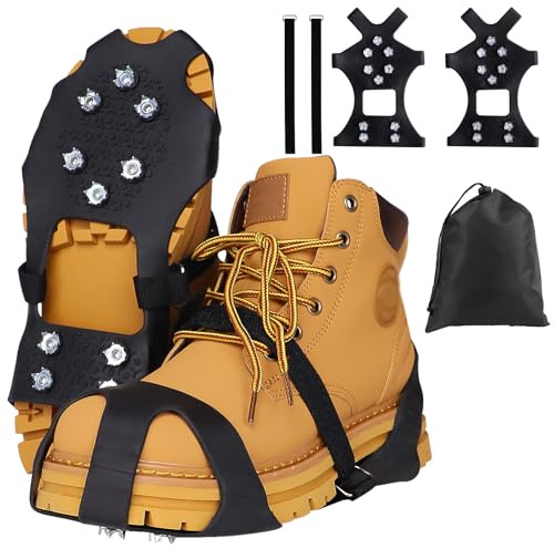 EOAMGO Crampons Ice Grips for Shoes and Boots, Ice Cleats for Hiking Boots with 10 Stainless Steel Spikes, Non Slip Gripper Spikes for Walking Hiking Fishing Men Women (XL)