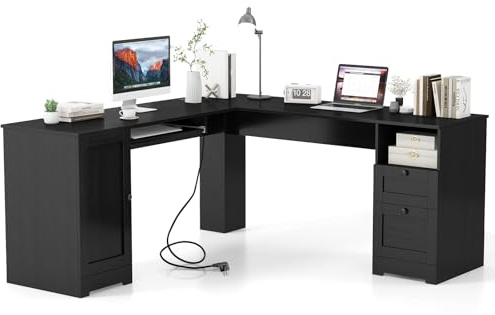 COSTWAY Schreibtisch L-Form, Eckschreibtisch mit Ladestation, Tastaturablage, Schrank und 2 Schubladen, Ecktisch, Computertisch, Bürotisch für Zuhause oder Büro, 168 x 168 x 76 cm (Schwarz)