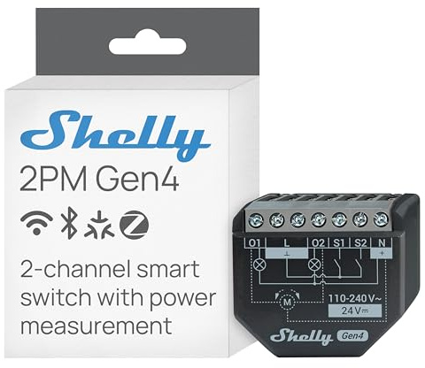 Shelly 2PM Gen4 - WLAN Smart Relais Schalter, Rolladenschalter, Stromzähler, 2 Kanäle, 16A, Lichtschalter, Smart Home, Zeitschaltuhr, Alexa, Google & HomeKit, Matter, Kein Hub Erforderlich