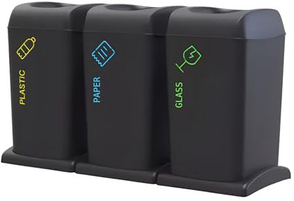 SEPERCASA Lot de 3 poubelles différenciées 40L avec roues – H 55 x 86 x 37 cm – Poubelle de collection différenciée 3 compartiments – Poubelle d'intérieur et extérieur – Papier plastique verre – Gain