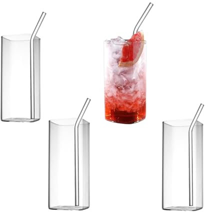 4 Pezzi 500ML Bicchieri Trasparenti Vetro, Set Di Bicchieri Da Long Drink, Sottili Quadrati Di Cristallo Highball, Con 4 Cannucce Di Vetro Per Acqua, Succhi Di Frutta, Birra, Cocktail e Bevande Miste