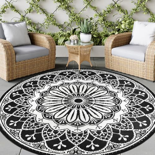 IMIYOKU Round Outdoor Rug 240cm Reversible Waterproof Plastic Straw Rug Boho Area Rug Indoor Outdoor Carpet for RV, Balcony, Beach, Deck, Picnic, Camping (Black, 240 x 240 cm)