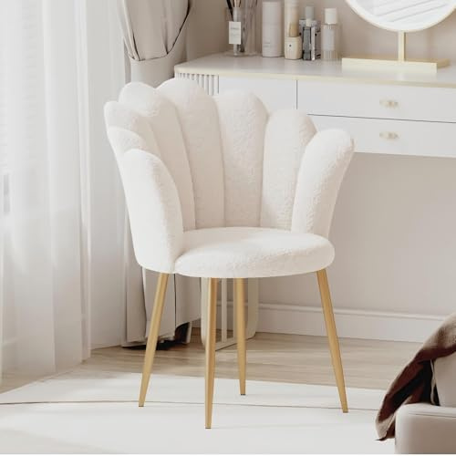 Armchair Tub Chair, Boucle Vanity Chair Shell Accent Chairs with Gold Plating Metal Legs, Leisure Single Sofa Dressing Chairs for Home, Office, Bedroom, Living Room, Dining Room, White
