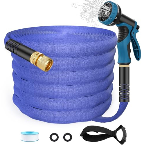 Tubo flessibile da giardino con 10 ugelli spray, modello leggero in ottone massiccio, raccordi anti-piega, per lavaggio auto, cortile, prato, camper (blu, 22 m)