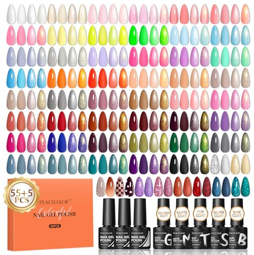 PEACECOLOR 60-delars UV Gellack Set, 55 Färger UV Gellack med 5-delars Base Coat & Top Coat Set Vit Svart Röd Blå Lila Grå - Startkit Gellack - Nagelkonst Present till Nybörjare