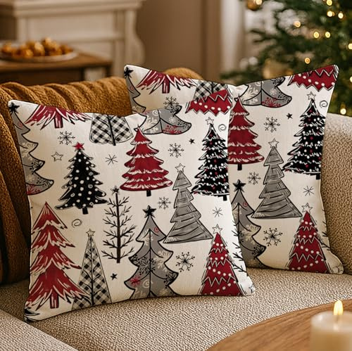 Luzzxfa 2er Set Weihnachtsbaum Winter Weihnachten Kissenbezug 45x45 cm Schneeflocke Kissenbezüge Rot Sofakissen Schwarz Dekokissen Grau Zierkissenbezug mit Verstecktem Reißverschluss