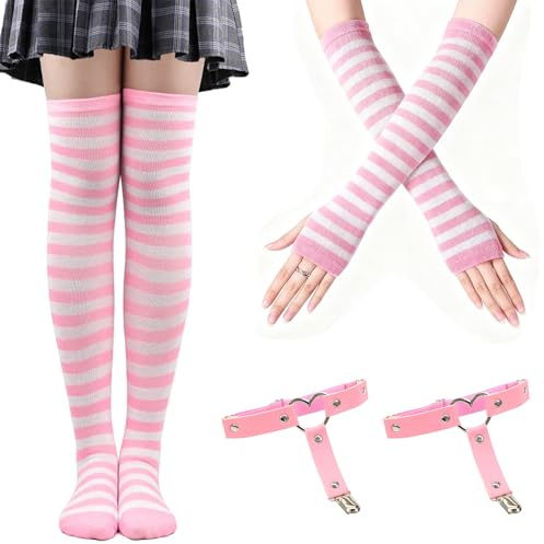 Scettar 1 Paare Damen Lange Fingerlose Handschuhe 1 Paar gestreiften Overknee-Socken 1 Set rosafarbenes Weiß Strumpfgürtel aus Leder für den Alltag Halloween Bälle Rollenspiele mehr