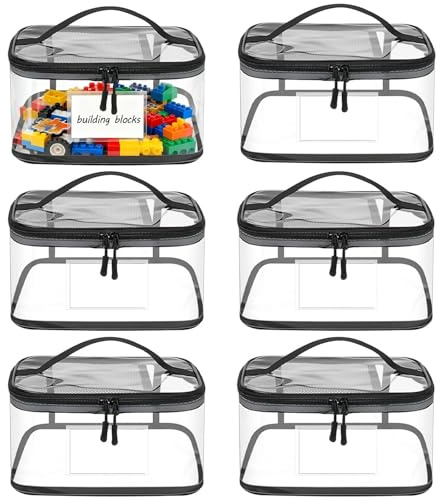 Eulihent 6 Pcs PVC Toy Storage Bags with Handles for Kids 9.1x6.7x3.9 Inch Travel Toiletry Bags Waterproof Toy Storage Organizer Pouch with Zipper for Building Blocks Puzzle