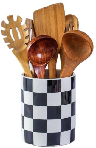 YOSCO Kitchen Utensil Holder, 6.3 Inch Checkered Ceramic Cooking Utensil Holder Modern Utensil Crocks for Kitchen Counter-Farmhouse, Housewarming Gift, Decor and Accessories (Black, 6.3 Inch)