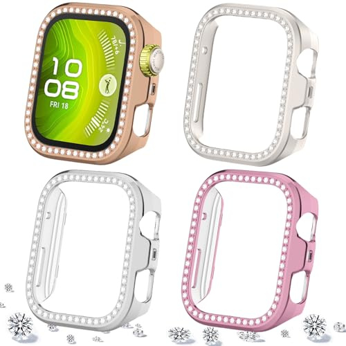 DEALELE [4-pack] klockfodral kompatibelt med Huawei Watch FIT 4 Pro, glitter strass diamant PC skyddande hölje hölje ersättningsklockor skyddskåpa tillbehör för män kvinnor (rosa + rosa + stjärnljus +