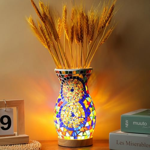Färgglad turkisk mosaikbord – handgjord glasvas med träbas USB-driven marockansk dekorativ belysning för sovrum vardagsrum och blomsterarrangemang