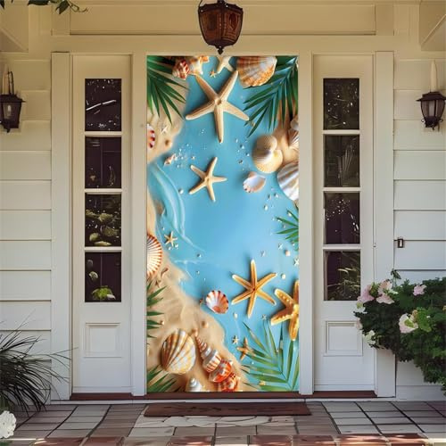 Hiseng Decorazione 3D per Porta, Copertura con Stampe da Spiaggia Copriporta Addobbi Porta d’Ingresso, Door Cover Sfondo Banner Casa (Stelle Marine,90x210cm)