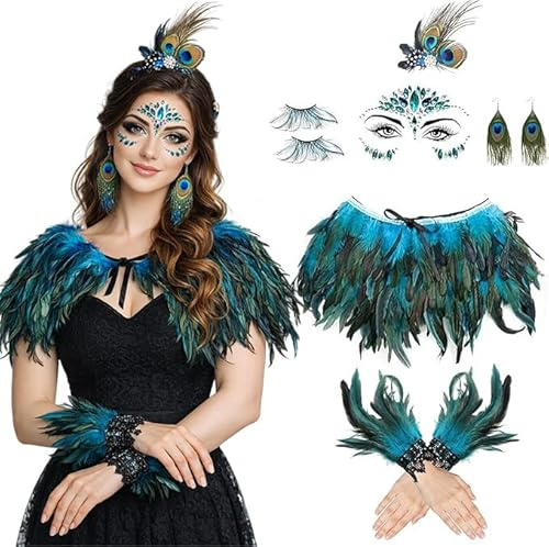 HUCHQIAI Pfau Kostüm Damen 6 Stück,Pfau Kostüm Damen Accessoires,Pfau Kopfschmuck,Federkragen Manschetten für Fasching Karneval Halloween Cosplay Kostümfeste
