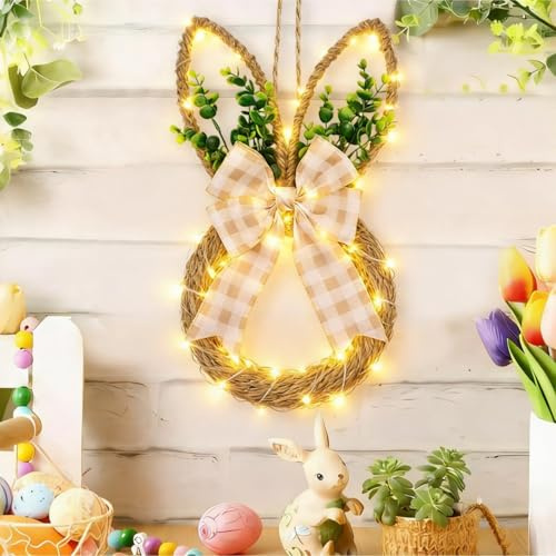 Türkranz Deko Ostern mit LED Licht, Künstliche Ostern Türkranz Haustür Deko Hängend, LED Frühlingskranz Beleuchtet Osterdeko Hase Kranz zum Aufhängen Innen für Osterdeko Frühlingsdeko Fensterdeko (A)