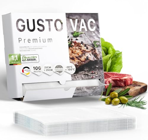 GustoVac Premium Vakuumbeutel, 100 Stk. 25x35cm Profi- Folienbeutel, Vakuumierbeutel für Vakuumierer, Kochfest & Sous Vide Gefrierbeutel, Lebensmittel Vakuumiergerät, Made in Germany, BPA-frei
