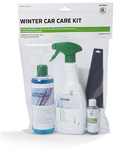 Skoda 000096352H Winter Pflegeset 5-teilig Enteiser Eiskratzer Glaspolitur Tuch Pflege Reinigung