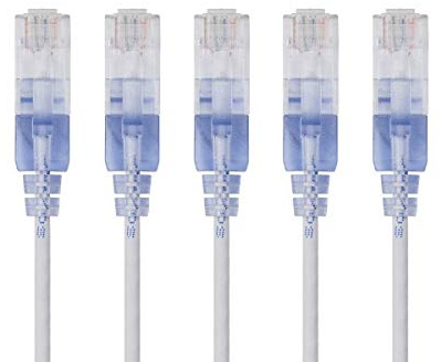 Monoprice SlimRun Nätverkskabel, Cat6A, ethernetkabel, patchkabel, RJ45, flertrådig ledare, UTP, ren bar koppartråd, 30 AWG, 15 cm (0,5 fot), vit, 5-pack