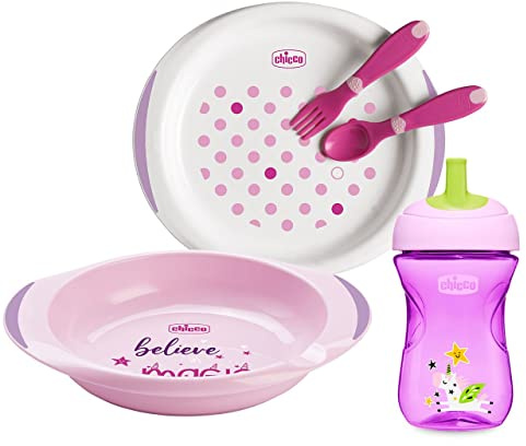 Chicco Set Pappa 12M+, Contiene 1 Tazza, Set di 2 Piatti e Posate, Forchetta e Cucchiaio, Set Svezzamento Bambini, Rosa, Bimba