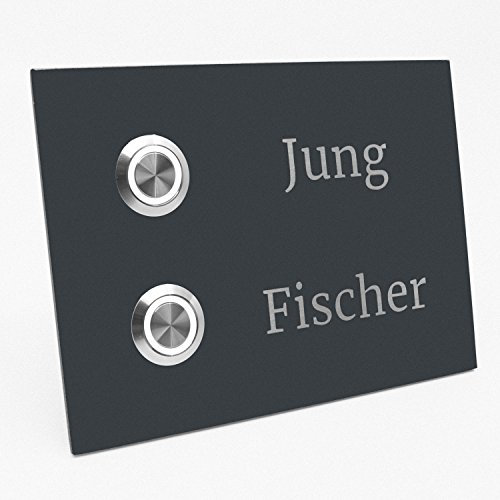 Jung-Edelstahl-Design Türklingel mit Gravur Frankfurt für Zeifamilienhaus. Klingelplatte 14x10 cm. Led Taster. Klingelschild V2a Edelstahl anthrazit pulverbeschichtet. (LED weiß)