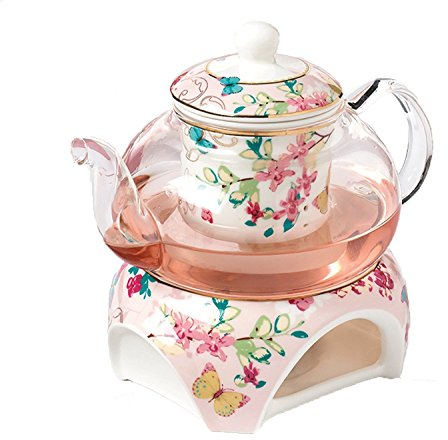 YBK Tech Bone China and Glass Coffee Pot Teapot with Warmer and Tea Infuser (Pink (Butterflies Patterns))