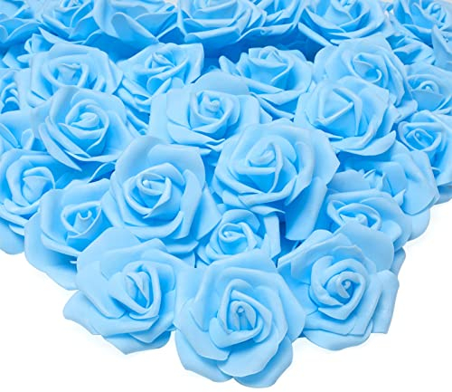 Warmiehomy 50 Stück Kunstblumen Köpfe Blau, Deko Künstliche Blumen Blau, DIY Schaumrosen Foamrosen, DIY Küstliche Rosen, Kunstblumen für Außen Hochzeit Partys Zuhause Garten Büro Dekoration