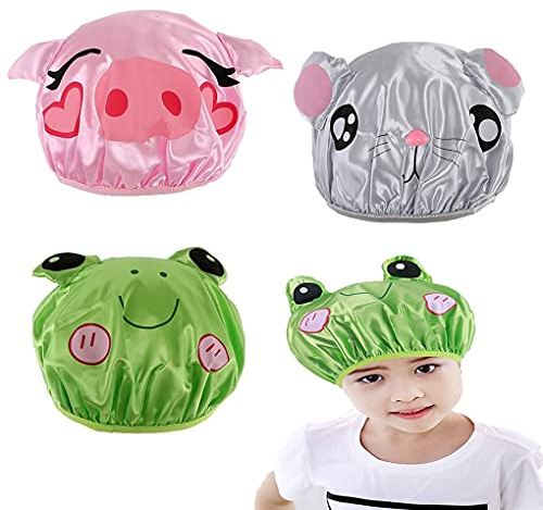 FineInno 3 Stück Kinder Duschhaube Kids Shower Cap Haarhaube Wasserdicht Dusche Hut Doppelschicht Wiederverwendbar Bath Hat (3 Stück Kinder Duschhaube)