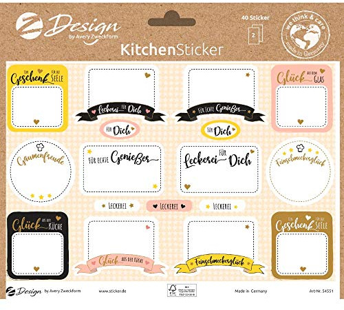 AVERY Zweckform Aufkleber Selbstgemacht 34 Sticker Gaumenfreude (Etiketten auf A5 Bogen, beschriftbare Klebeetiketten für Marmelade, Einmachen, Geschenke, Frühstücksbuffet, mit Goldeffekt) 54551