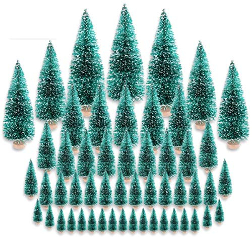 CODIRATO 48 PCS Mini Sapin de Noël Miniature Arbre de Noël Artificiel Mini-Sapin De Noël en Sisal Bleu-Vert avec Base en Bois Idéal pour Décoration Noël, Chambre, DIY,Ville de Noël(6 Tailles)