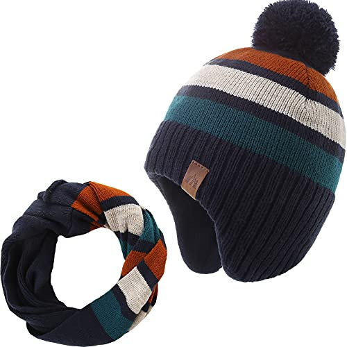 AHAHA Wintermütze Junge and Baby - Fleece-Gefüttertes Ski Beanie Kinder Strick Earflap Schal und Mütze Set,51CM