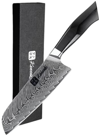 Kensaki Santoku Messer aus Damaszener Stahl Küchenmesser Japanischer Art hergestellt aus 67 Lagen Damaststahl – Kona Serie