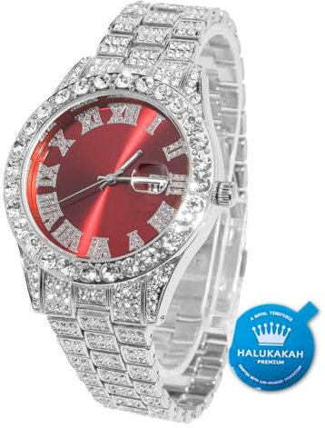 Halukakah Herren Diamant Golduhr ● President ● 18K Echt Vergoldet/Platin Weiß Vergoldet 42MM Breite Grün/Blau/Rot, Armband mit Labordiamanten 24cm, Kubanischer Link Kette 20+45cm, Inkl. Geschenkbox