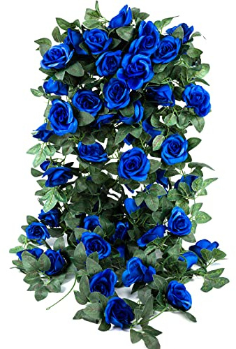 4 Pack (32FT) Artificial Rose Vine Fake Flowers Garland Hanging Silk Rose Ivy Plants Vine for Wedding Arch Party Garden Home Bedroom Office Wall Aesthetic Art Décor (Royal Blue)