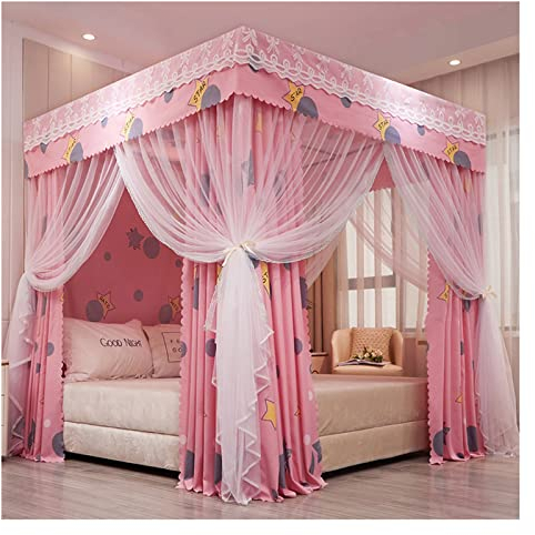 Betthimmel Rosa Mädchen Prinzessin Zimmer Bett Baldachin Luxus Bett Vorhang, Doppellagig Verschlüsselte Dicke Bettüberdachungen, Für 1,5m/1,8m/2m Doppelbett, Mit Montagehalterungen