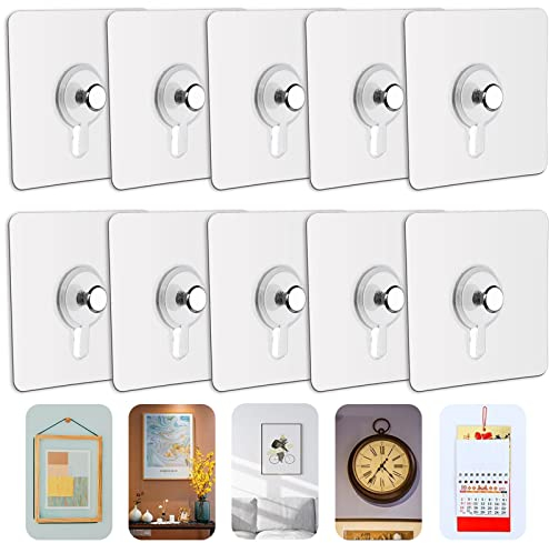 Haoh Lot de 10 Adhesif Accroche Tableau Sans Percer, Attache Cadre Adhésif Crochets pour Accroche Cadres Photo, Art Mural, Décoratives, Sans Trou(Transparent)