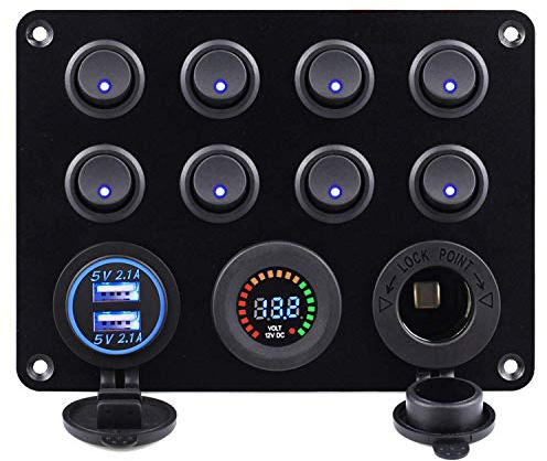Riloer Panel de interruptores para vehículos y barcos de 12 V Interruptor de panel de ojo de gato combinado de 8 posiciones con protección de caja de fusibles - Luz azul
