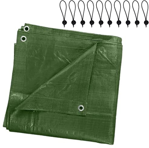 10 x 10 m Tarpaulin Waterproof Heavy Duty Cover Camping Ground Sheet Caravan Furniture Multipurpose + 10 Bungee Balls (Green – 90 GSM)
