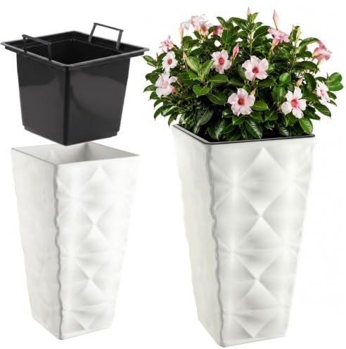 KADAX Blumentopf mit 3D Effekt, Blumenkübel aus Kunststoff in 4 Farben, Pflanzkübel mit Einsatz und praktischen Griffen, Kunststofftopf, Outdoor-Pflanzkübel, Innentopf (Weiß Höhe: 55,5 cm)