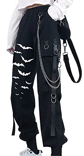 DINGJIUYAN Gothic Cargo Parachute Pants with Chain Women Plus Size High Waist Y2k Harajuku Steampunk Halloween Trousers