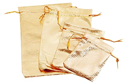 SKYPRO Lot de 100 sacs en organza avec cordon de serrage pour bijoux, bonbons, cadeaux de Noël, fêtes, cadeaux de mariage (doré, 4 tailles)