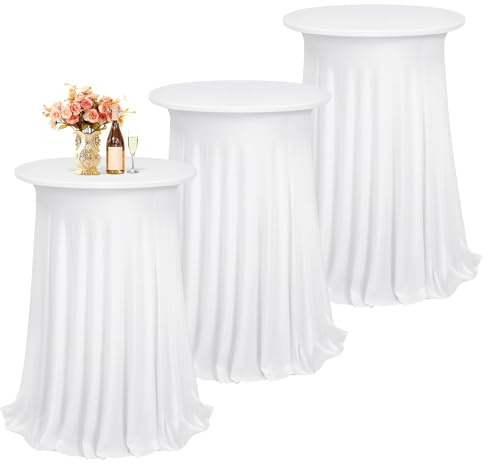 3 Stück Stehtisch Hussen Spandex Stretch Tischdecke mit Rock 60cm, Stehtisch Husse für Bistrotisch Ø 60-65 cm, Stretch-Husse Weiß Hussen für Stehtische und Bistrotische(60×110cm, Weiß)