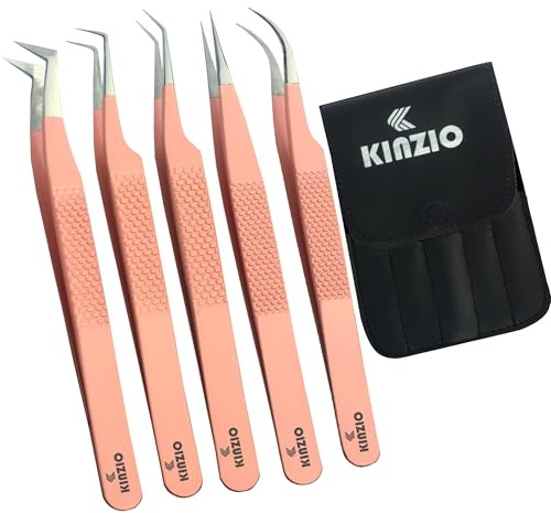 KINZIO Pince à extensions de cils Lot de 5 pinces en acier inoxydable japonais, droites courbes 45 pinces à cils avec volume de 90 degrés (lot de 5 pièces, rose),
