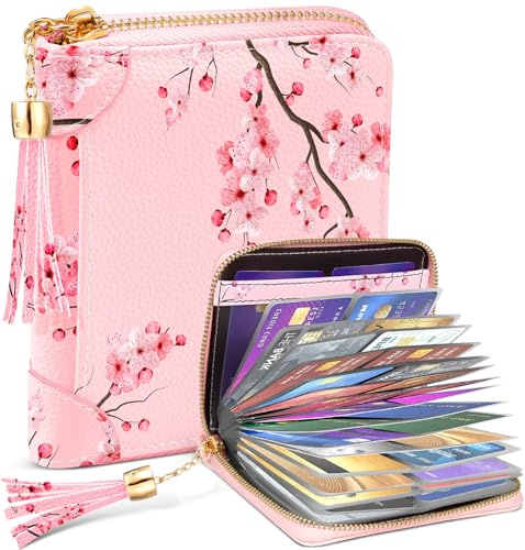 Bistup 【40 Slots Credit Card Holder for Women Girls Cute RFID Blocking Card Organizer Leather Cardholder Protector for Lady Female Large Capacity Size Big Zipper Wallet Flower Pretty Aesthetic