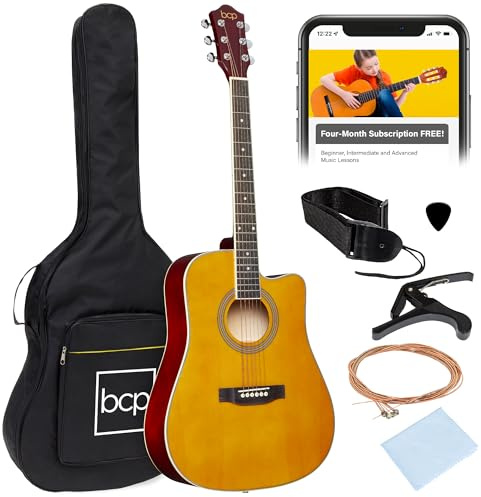 Best Choice Products 41in Beginner Acoustic Guitar Full Size All Wood Cutaway Guitar Starter Set w/Case, Strap, Capo, Strings, Picks - Aged Natural