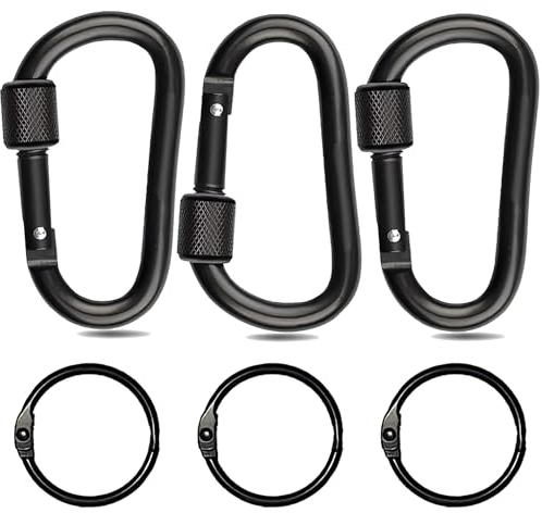 3 Stück Karabinerhaken, Schraubverschluss, Schlüsselkarabiner, verschließbarer Karabinerhaken für Camping, Hängematten, Wanderrucksack, Haustierleine (schwarz)