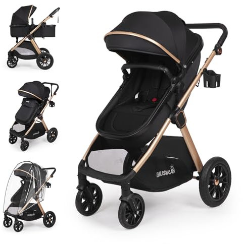 6-in-1 Convertible Baby Stroller with Bassinet Pushchair - Folding Infant Newborn Stroller w/Footmuff, Rain Cover, Cup Holder & Large Storage, Toddler w/All-Scene Large Wheels, Reversible Seat(Black)