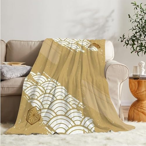 Flanell Fleecedecke Kuscheldecke Gelb Fächermuster 160x200 Große, Japanischer Stil Sofa Decke Weiche mit Motiv, Microfaser Wohndecke Plaid Decke Wohnzimmer Couch