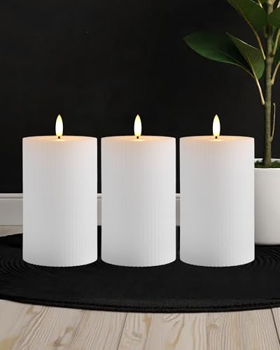 Gmnee 3x4 White Ribbed Flameless Candles - Remote Control & Timer, Set of 3 Large Real Wax Pillar Flickering Battery LED Candles for Table, Fireplace and Mantel Decor